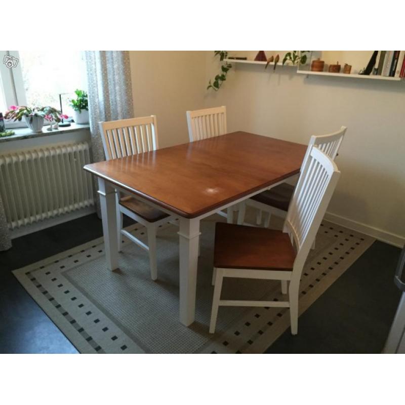 Köksbord med iläggsskiva + 6 stolar